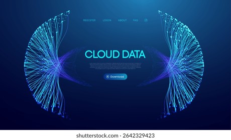 Abstracte achtergrond van cloudgegevensstroom met verbindingen met grote lucht en digitale lijncirkels. Futuristisch technisch netwerk voor 3d-vectorruimte of veilige IoT-service. Neon cyber grafisch ontwerp met wereldwijde snelheid.