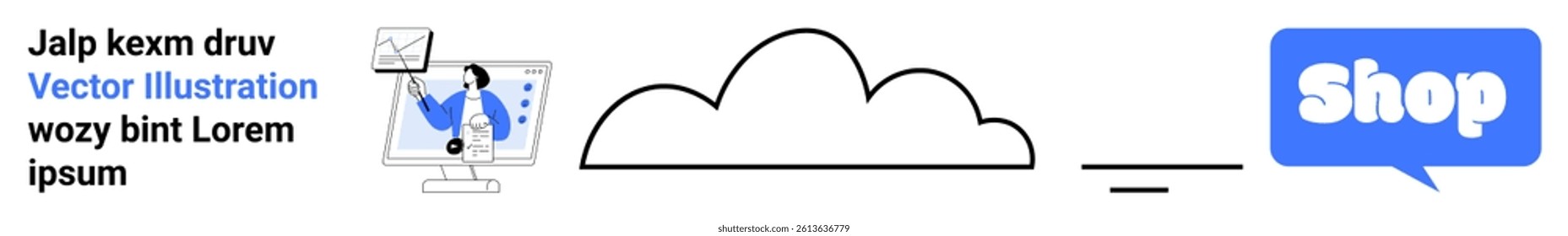 An abstract cloud design with a shopping icon and a person analyzing data on a computer screen. Ideal for business, technology, e-commerce, cloud services, and online shopping concepts. Banner for