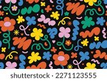 Abstract cloud and flower shapes seamless pattern. Groovy funky flower, bubble, star, loop, waves in trendy retro 90s 00s cartoon style. Vector background with wavy and spiral elements.