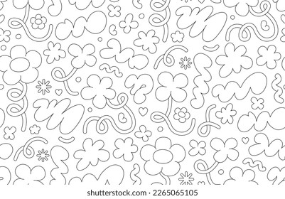 Abstract cloud and flower shapes seamless pattern. Groovy funky flower, bubble, star, loop, waves in trendy retro 90s 00s cartoon style. Vector background with wavy and spiral elements.