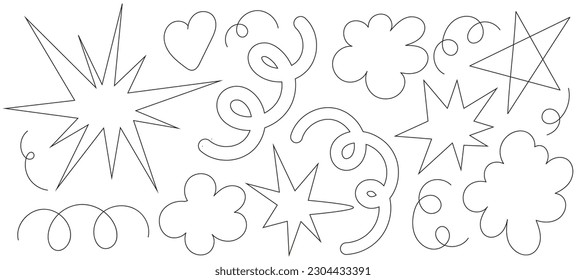 Abstract cloud and flower shapes seamless pattern. Funky funky flower, star, loop, waves in retro 90's 00's trendy cartoon style. Vector background with wavy and spiral elements.