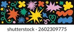 Abstract cloud and flower shapes sticker pack. Groovy funky flower, bubble, star, loop, waves in trendy retro 90s 00s cartoon style. Vector illustration with wavy elements.
