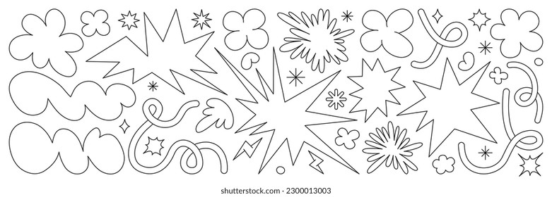 Abstract cloud and flower shapes sticker pack. Groovy funky flower, bubble, star, loop, waves in trendy retro 90s 00s cartoon style. Vector illustration with wavy and spiral elements.