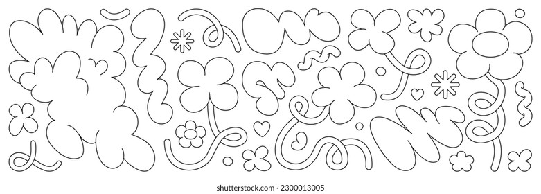 Abstract cloud and flower shapes sticker pack. Groovy funky flower, bubble, star, loop, waves in trendy retro 90s 00s cartoon style. Vector illustration with wavy and spiral elements.