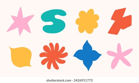 Paquete de pegatinas de nubes y flores abstractas. Groovy flor funky, burbuja, estrella, bucle, ondas en estilo de dibujos animados retro de moda de los años 90. Ilustración vectorial con elementos florales y blob.