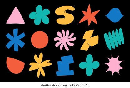 Abstract cloud and flower shapes sticker pack. Groovy funky flower, bubble, star, loop, waves in trendy retro 90s 00s cartoon style. Vector illustration with wavy and spiral elements.