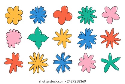Abstract cloud and flower shapes sticker pack. Groovy funky flower, bubble, star, loop, waves in trendy retro 90s 00s cartoon style. Vector illustration with floraland blob elements.