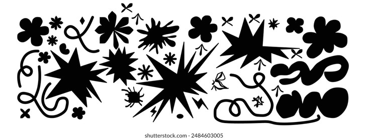 Abstract cloud and flower shapes sticker pack. Groovy funky flower, bubble, star, loop, waves in trendy retro 90s 00s cartoon style. Vector illustration with wavy and spiral elements.