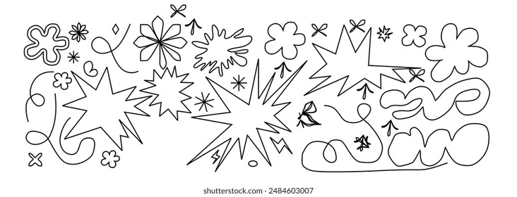Nube Abstractas y Formas de flores pegatinas pack line art. flor funky groovy, burbuja, estrella, bucle, ondas en estilo de dibujos animados retro de moda de los años 90. Ilustración vectorial con Elementos ondulados y espirales.