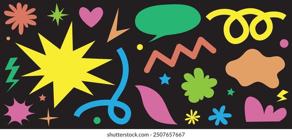 Abstract cloud and flower shapes sticker pack. Groovy funky flower, bubble, star, loop, waves in trendy retro 90s 00s cartoon style. Vector illustration with wavy and spiral elements