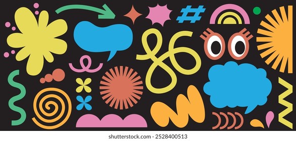 Abstrakte Wolken- und Blütenformen Aufkleber Pack. Groovy funky Blume, Blase, Stern, Schleife, Wellen im trendigen Retro 90er 00er Jahre Cartoon-Stil. Vektorgrafik mit wellenförmigen und spiralförmigen Elementen
