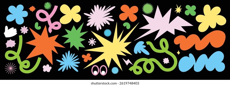 Abstract cloud and flower shapes sticker pack. Groovy funky spiral flower, bubble, star, loop, waves in trendy retro 90s 00s cartoon style.