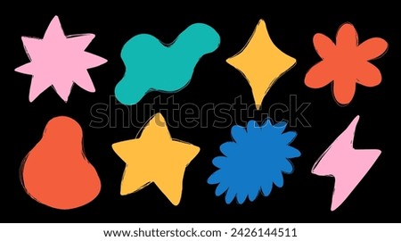 Abstract cloud and flower shapes sticker pack. Groovy funky flower, bubble, star, loop, waves in trendy retro 90s 00s cartoon style. Vector illustration with wavy and spiral elements.