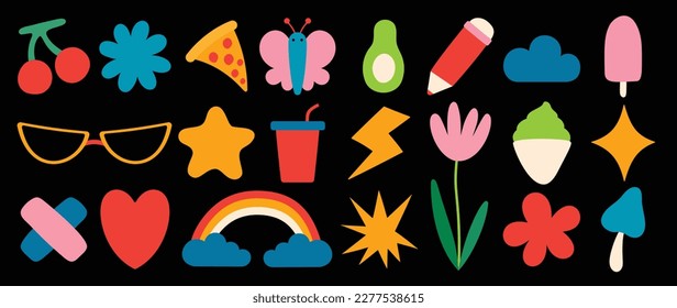 Abstract cloud and flower shapes vector set. Cherry, rainbow, pizza, star, butterfly in trendy retro 70s cartoon style. Groovy contemporary aesthetic vector element for logo, decoration, sticker.