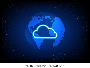 Ícone de nuvem abstrato na terra sobre fundo azul. conceito de fundo de tecnologia. Ilustração vetorial.