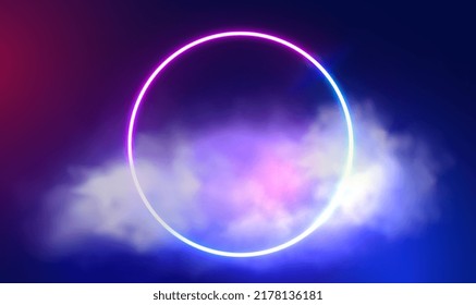 Abstract cloud illuminated with neon light ring on reflective dark room. Stormy cumulus with glowing round frame with copy space. Glowing geometric shape, round frame. Vector illustration EPS10.
