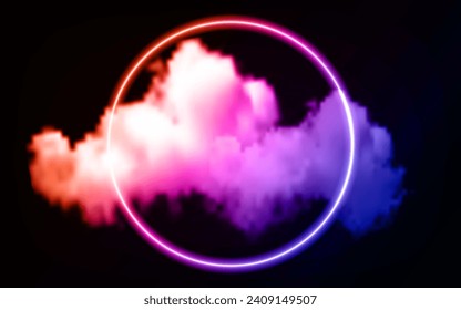 nube abstracta iluminada con un anillo de luz de neón en el cielo nocturno oscuro. Forma geométrica brillante, marco redondo