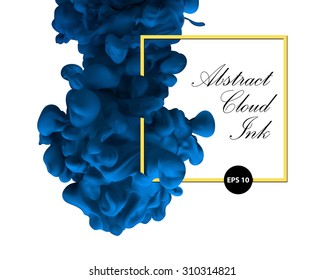 Abstract cloud ink. Blue color and yellow border. Water paint, art banner, splash blue ink. Physics vibrant, aquarel, design poster for fashion.