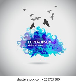 Abstract cloud of ink stains with birds. Vector
