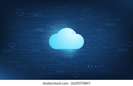 Abstract cloud network background with central cloud icon, digital binary code, and circuit lines. Ideal for cloud computing, technology infrastructure, and data connection concept.
