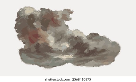 Abstract cloud painting with soft, muted colors. The cloud art features a blend of grays and browns, creating a textured, atmospheric cloud effect. Vintage art drawing, isolated vector element.