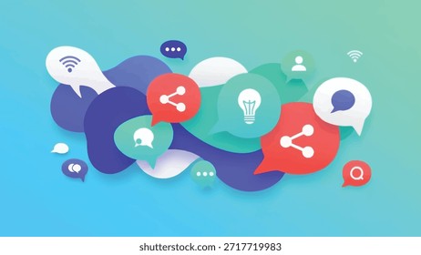 Formas de nuvem abstratas com mídias sociais e ícones de comunicação