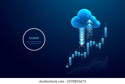 Icono abstracto de almacenamiento en la nube con flechas arriba y abajo y candelabros japoneses como mercado de valores o concepto de operaciones. Gráfica de fondo azul de la tecnología. Ilustración vectorial de malla baja.
