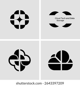 Abstract cloud tech and data storage icons design in minimalist black and white style