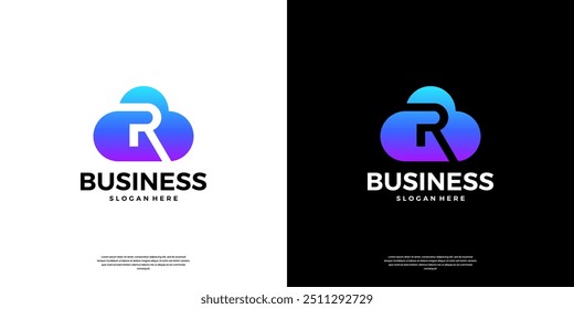 Abstract cloud tech logo design. Modern letter R in the cloud database server logo.