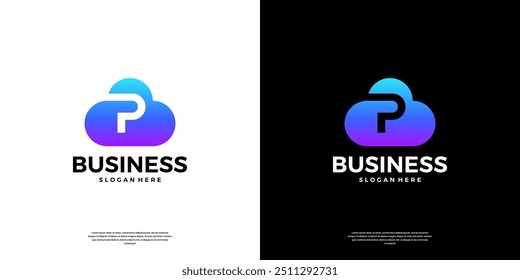 Abstract cloud tech logo design. Modern letter P in the cloud database server logo.