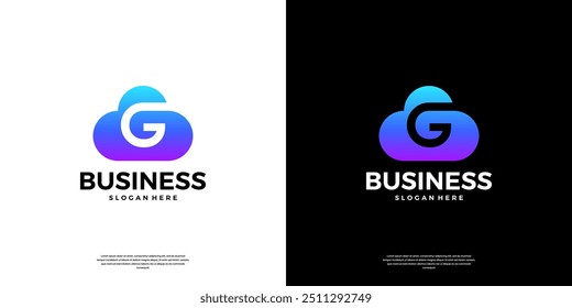 Resumo do design do logotipo técnico da nuvem. A letra G moderna no logotipo do servidor de banco de dados em nuvem.