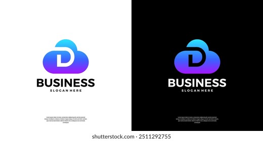 Resumo do design do logotipo técnico da nuvem. A letra moderna D no logotipo do servidor de banco de dados em nuvem.