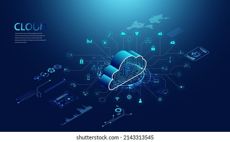 Abstract cloud technology with big data and interface concept Connection by collecting data in the cloud With large data storage systems on hi tech background.