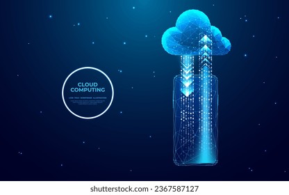 Abstract Cloud Technology Concept. Cloud Storage with Arrows Up and down on smartphone screen. Digital vector illustration in futuristic low poly wireframe style. Geometry polygonal hologram