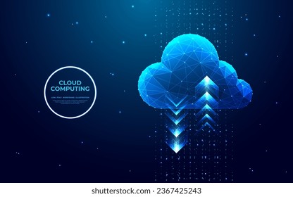 Resumen de tecnología en la nube. Signo de almacenamiento digital en la nube con dos flechas arriba y abajo sobre fondo de tecnología azul oscuro. Conceptos de almacenamiento en nube y centro de datos de gran tamaño. Ilustración vectorial de malla baja