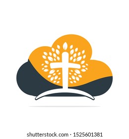 Abstract cloud and tree religious cross symbol icon vector design. Church and Christian organization logo.