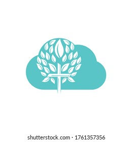 Abstract cloud and tree religious cross symbol icon vector design. Church and Christian organization logo.