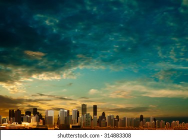 abstract clouds background with panorama of city vector illustration