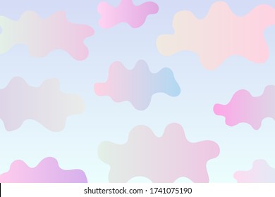 Abstract clouds banner. Gradient clouds on blue sky background. Purple, pink, blue colorful hand-drawn cumulus clouds. Copy space. Summer bright landscape. Light gradient stock vector illustration