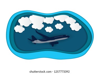 Abstract Clouds with flying realistic 3D airplane Vector Illustration. EPS10