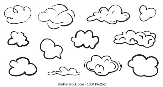 Abstract clouds on isolation background. Sketchy doodles on white. Hand drawn infographic elements. Black and white illustration. Sketches for artworks