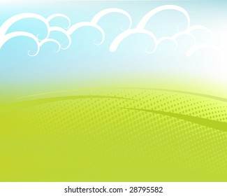 Abstract cloudy sky with bright green hills