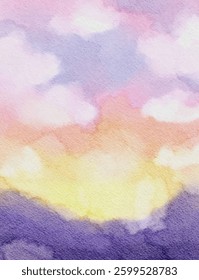 Abstract Cloudy Sunset Pink,Yellow, Purple Gradient Texture Watercolor Background