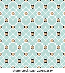 Abstract Clover Leaves Geometric Retro Seamless Pattern Trendy Fashion Design Perfect for Allover Fabric Print or Wrapping Paper Minimalist Diagonal Squares Small Florals Pastel Blue Tones