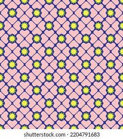 Abstract Clover Leaves Geometric Retro Seamless Pattern Trendy Fashion Design Perfect for Allover Fabric Print or Wrapping Paper Minimalist Diagonal Squares Small Florals Pastel Pink Yellow Blue Tones