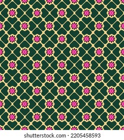 Abstract Clover Leaves Geometric Retro Seamless Pattern Trendy Fashion Design Perfect for Allover Fabric Print or Wrapping Paper Minimalist Diagonal Squares Small Florals Dark Green Fuchsia Tones