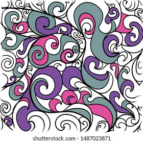 Abstract cluster of beautiful curvy patterns. Among them are many sharp, wrapping objects.