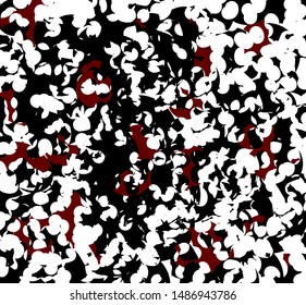 Abstract cluster of black mass with torn edges and holes. In some areas there are red zones.
