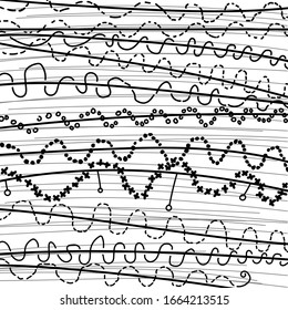 An abstract cluster consists of long and short lines. Small objects spiral along horizontal stripes.
