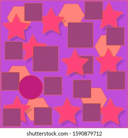 An abstract cluster consists of many shapes. Among them there are stars, squares, polygons and one red circle.